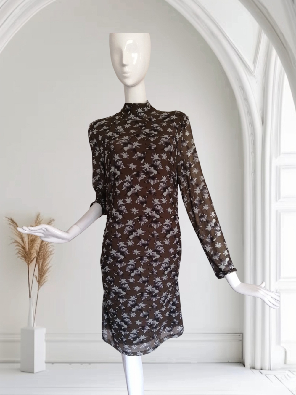 Frank & Oak Brown Floral Sheer Long-Sleeve Shift Dress